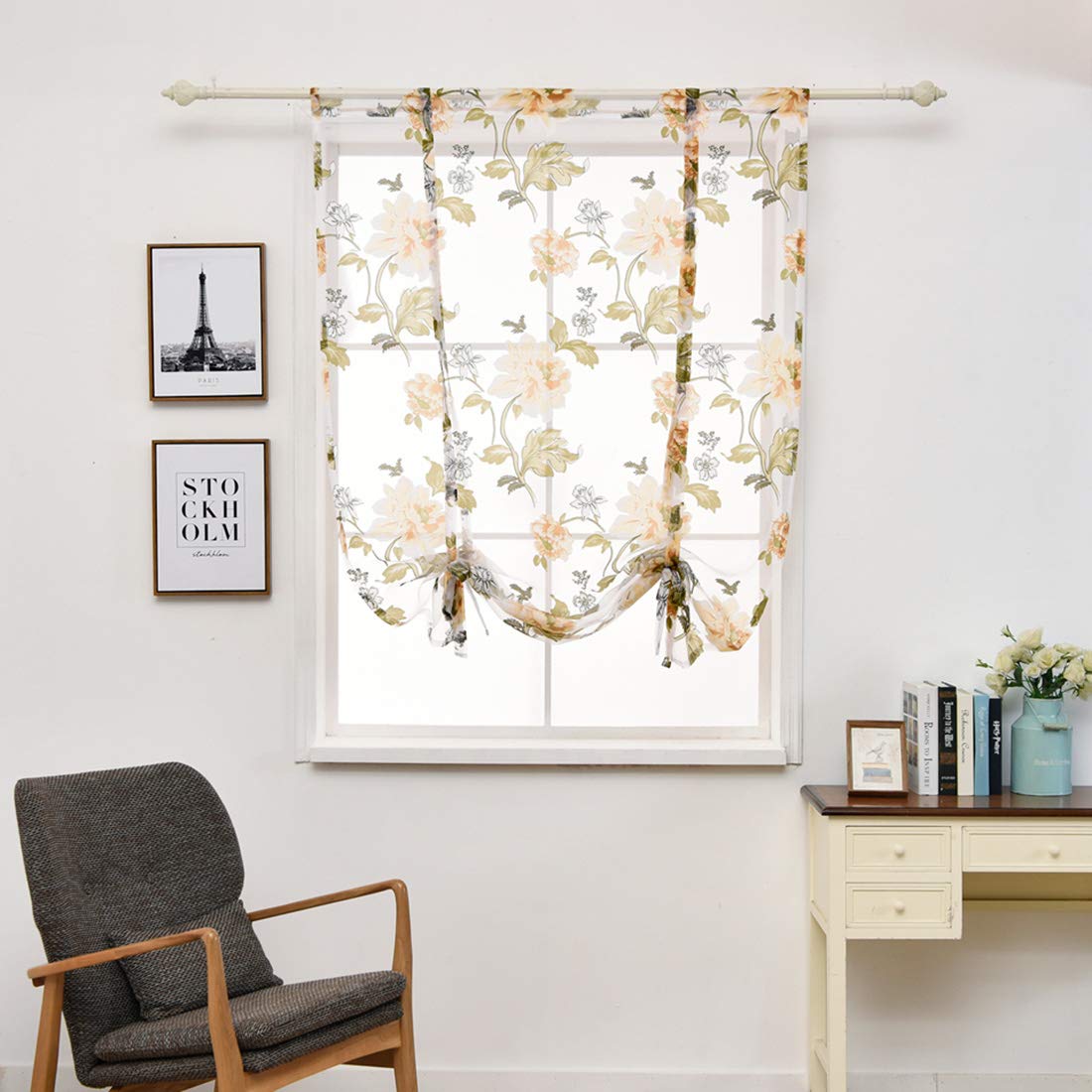 JAIJY French Country Peony Flower Leaf Kitchen Window Shades Curtain Tie Up Adjustable Balloon Windows Treatmet Roman Tiebacks Drape for Cafe, 46