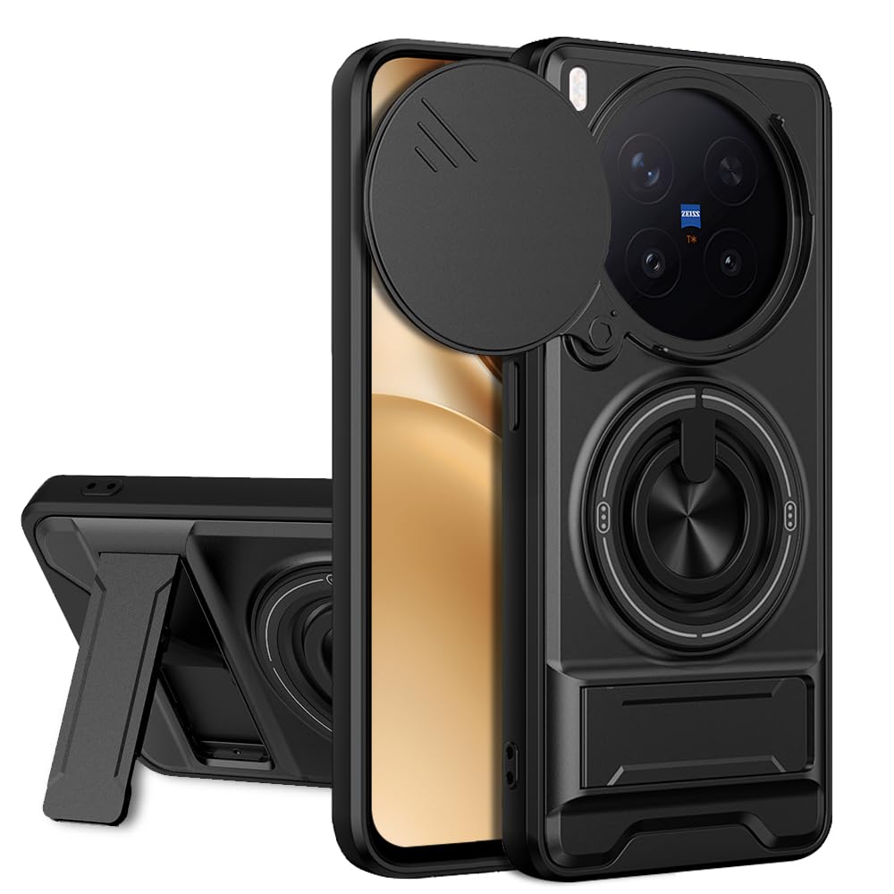 Vivo X300 Pro 5G Back Cover | Armor Camera Slider 360 Degree Rotating Finger Ring Holder Case with Bracket Stand & Camera Protection Back Case Cover for Vivo X300 Pro 5G (Black)-image-6