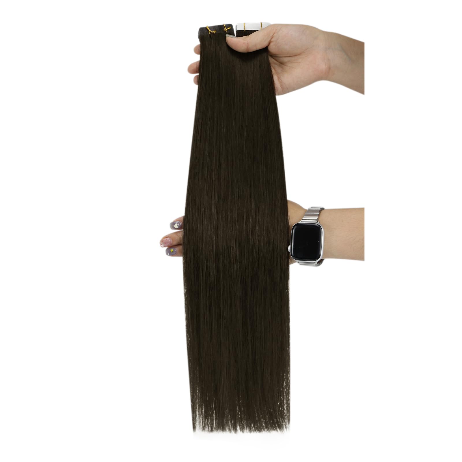 Ugeat Przedłużanie Włosów Taśma, Włosy Ludzkie, Czekoladowy Brąz, 60 cm 20 sztuk 50g, Przedłużanie Włosów Tape in, Ciemny Brąz, Remy Naturalne Proste