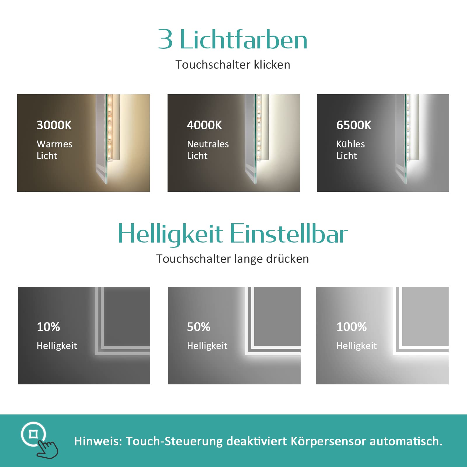 EMKE Sensor Spiegel mit Beleuchtung 80x60cm, Beschlagfrei