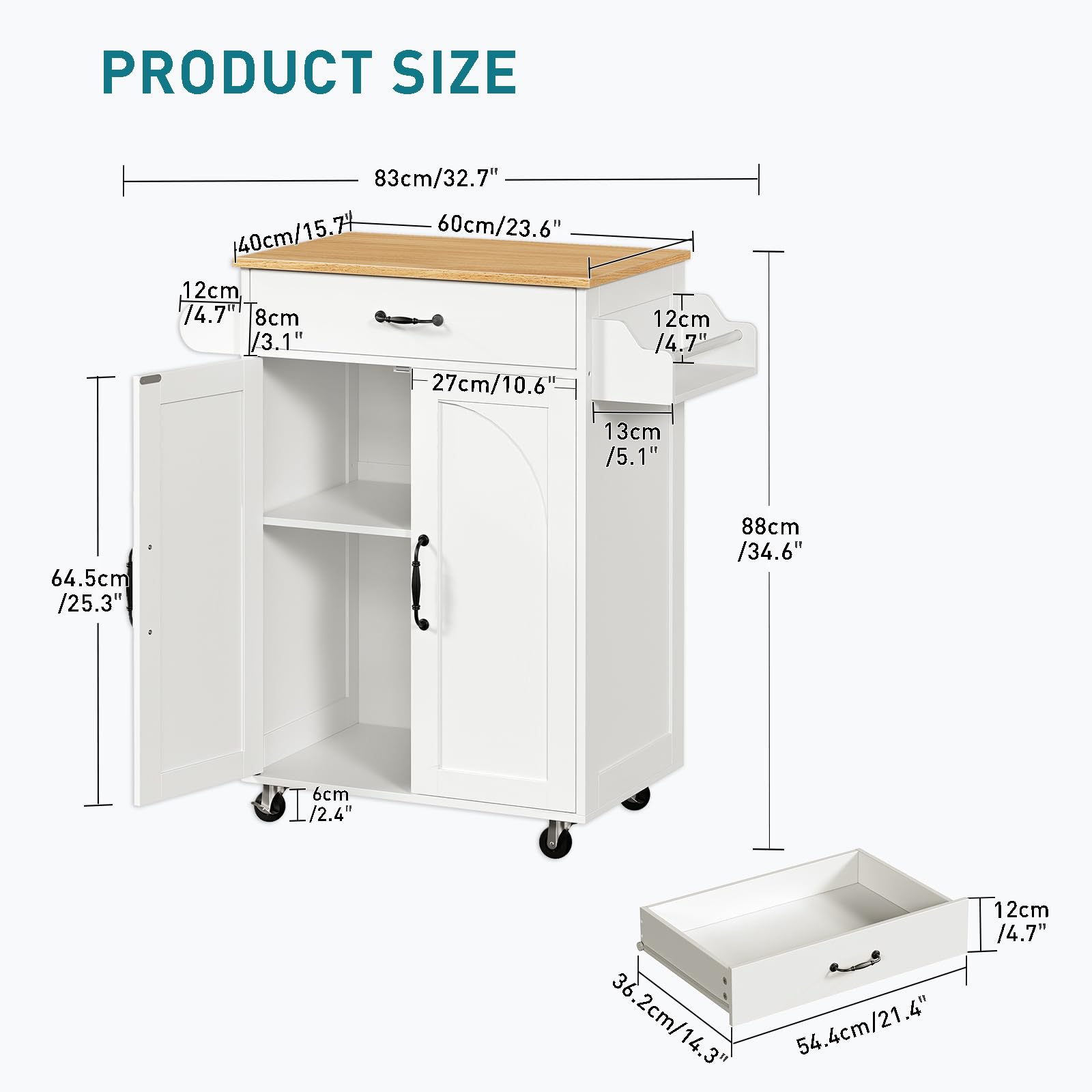 RALGEND Küchenwagen mit Arbeitsplatte und auf Rollen, Kücheninsel mit Schublade, Küchenschrank mit Handtuchstange und Gewürzregal, Rollwagen 60 × 40 × 88 cm, Weiß and Holzfarbe