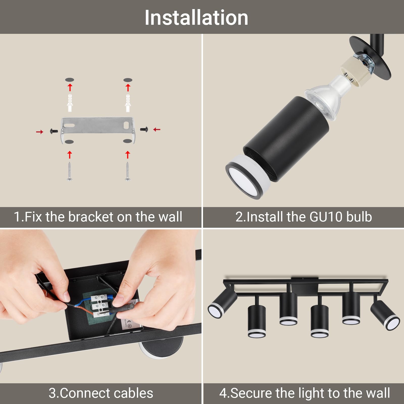 Dehobo Lampada Faretti LED da Soffitto Orientabili, Faretti da Parete Interno GU10 Nero, Moderna Plafoniera 6 Luce, Parete Interno per Barra Cameretta Cucina, Senza Lampadina