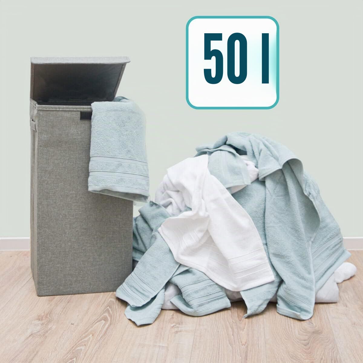 DuneDesign 50L Cesta Ropa Sucia con Tapa - 30x30x60 Cubo Ropa Sucia Estrecho - Canasta Ropa Sucia Plegable Gris - Washing Basket - Hamper de Ropa Infantil - Cestas Ropa Sucia Altas para Baño