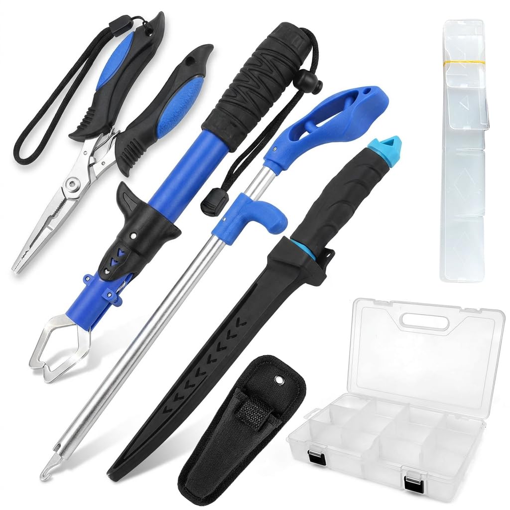 Angelzubehör Set mit Angelbox,Angelzange,Angelmesser,Fischgreifer und Hakenlöser,6 Sets Multifunktionale Angel Werkzeug Set für Süß & Salzwasserangeln,Perfektes Angeln Zubehör für Anfänger & Profis