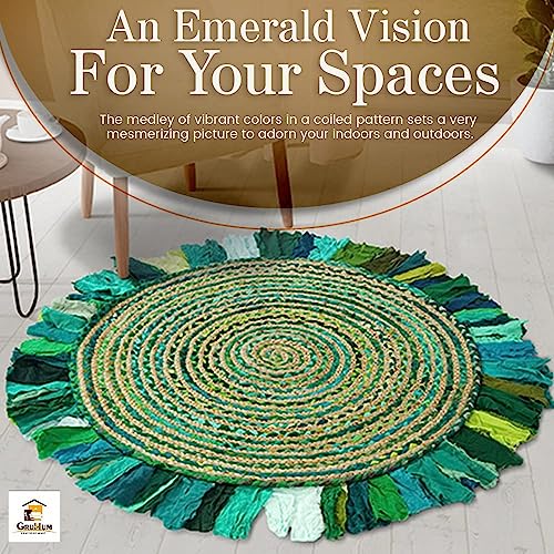 Gruhum Round Jute Chindi Cotton Area Rug 6Ft Multi Collection Handwoven Boho Fringe Jute Area Rug Soft Braided For Indoor Outdoor Kitchen Bedroom Living Hallways Enterways Green/Natural #TOP4