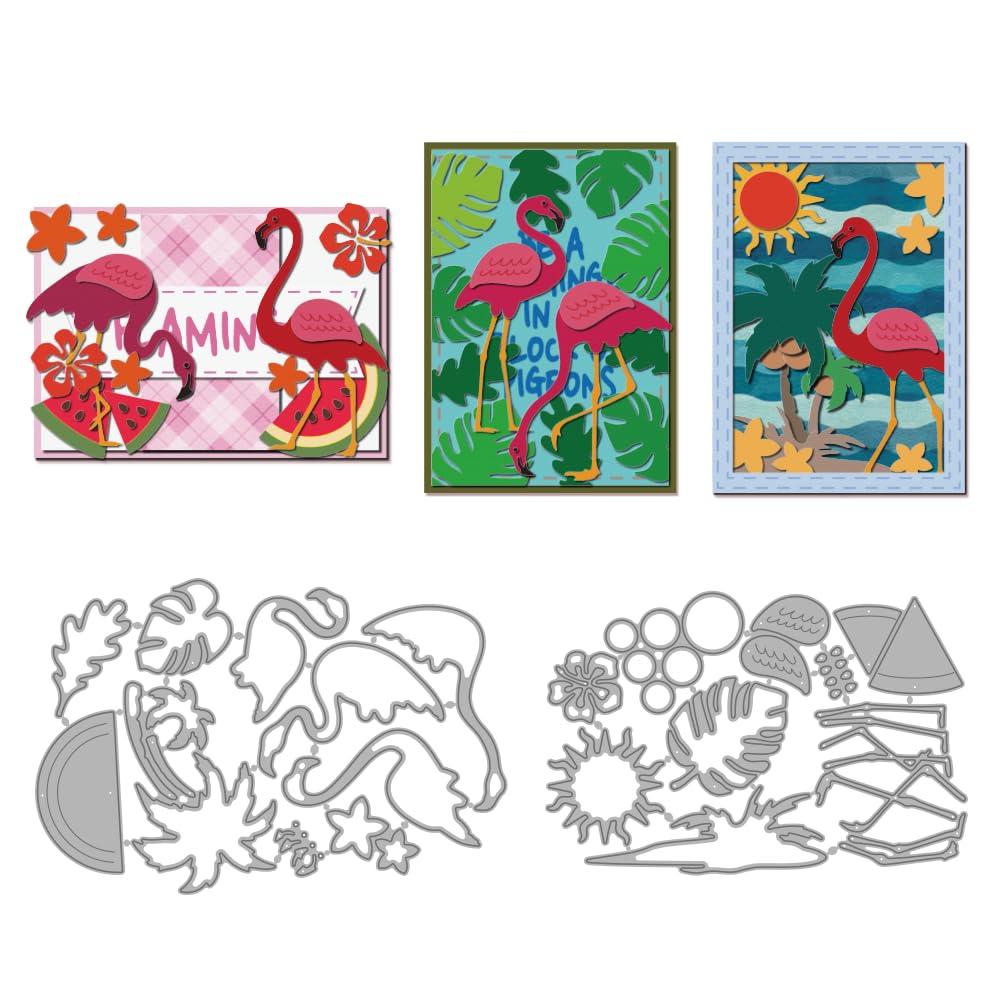 MAYJOYDIYFlamingo Forest Metal Die Cuts for Card Making Summer Theme Cutting Dies Watermelon Tropical Leaves Sun Carbon Steel Embossing Stencils for Scrapbooking Decorative Paper Crafts Photo Album