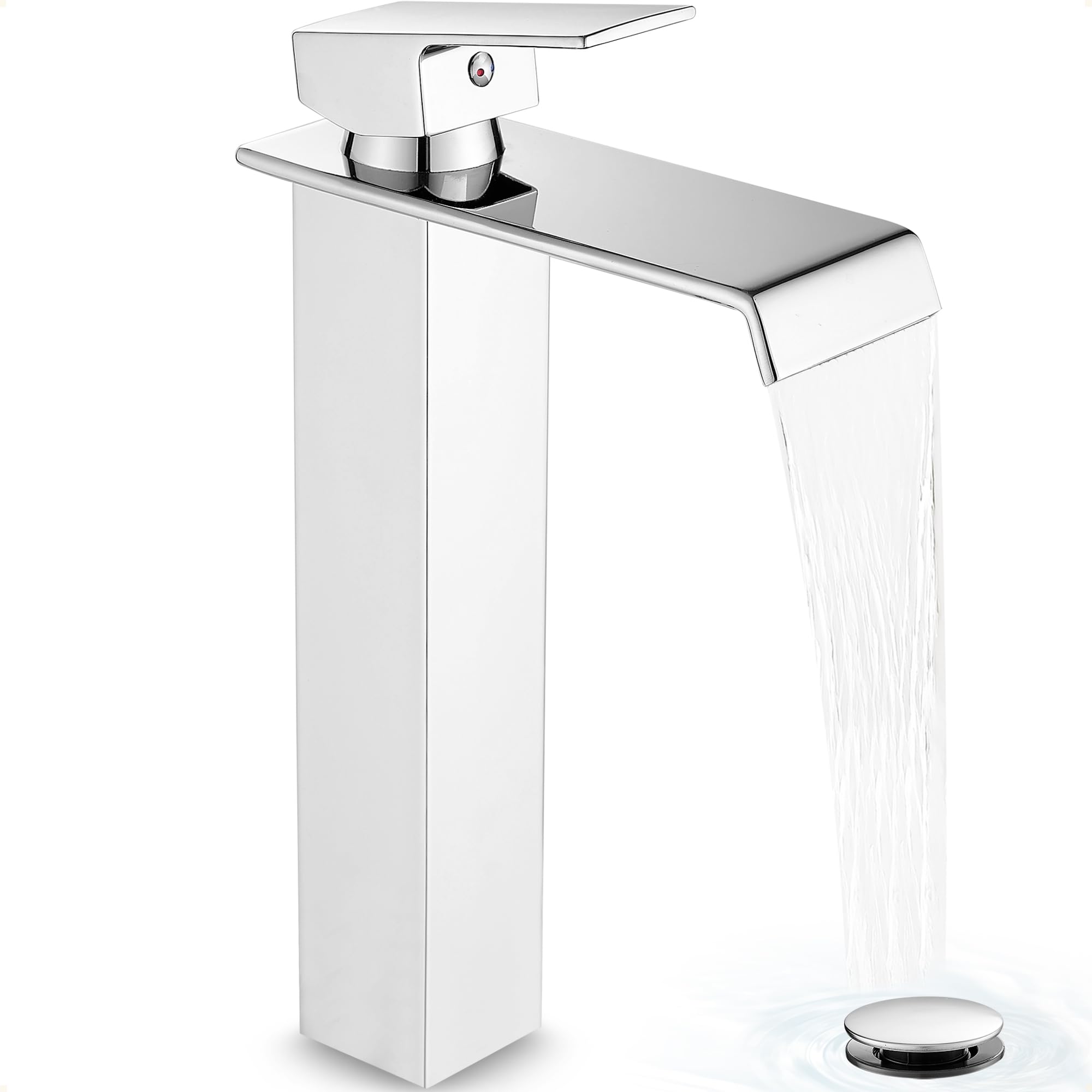 Hcfyauis Chrome Brass Bathroom Vessel Sink Faucet Waterfall Tall Bathroom Faucets For Vessel Sink Single Handle, One Hole With Pop Up Drain And Supply Hoses