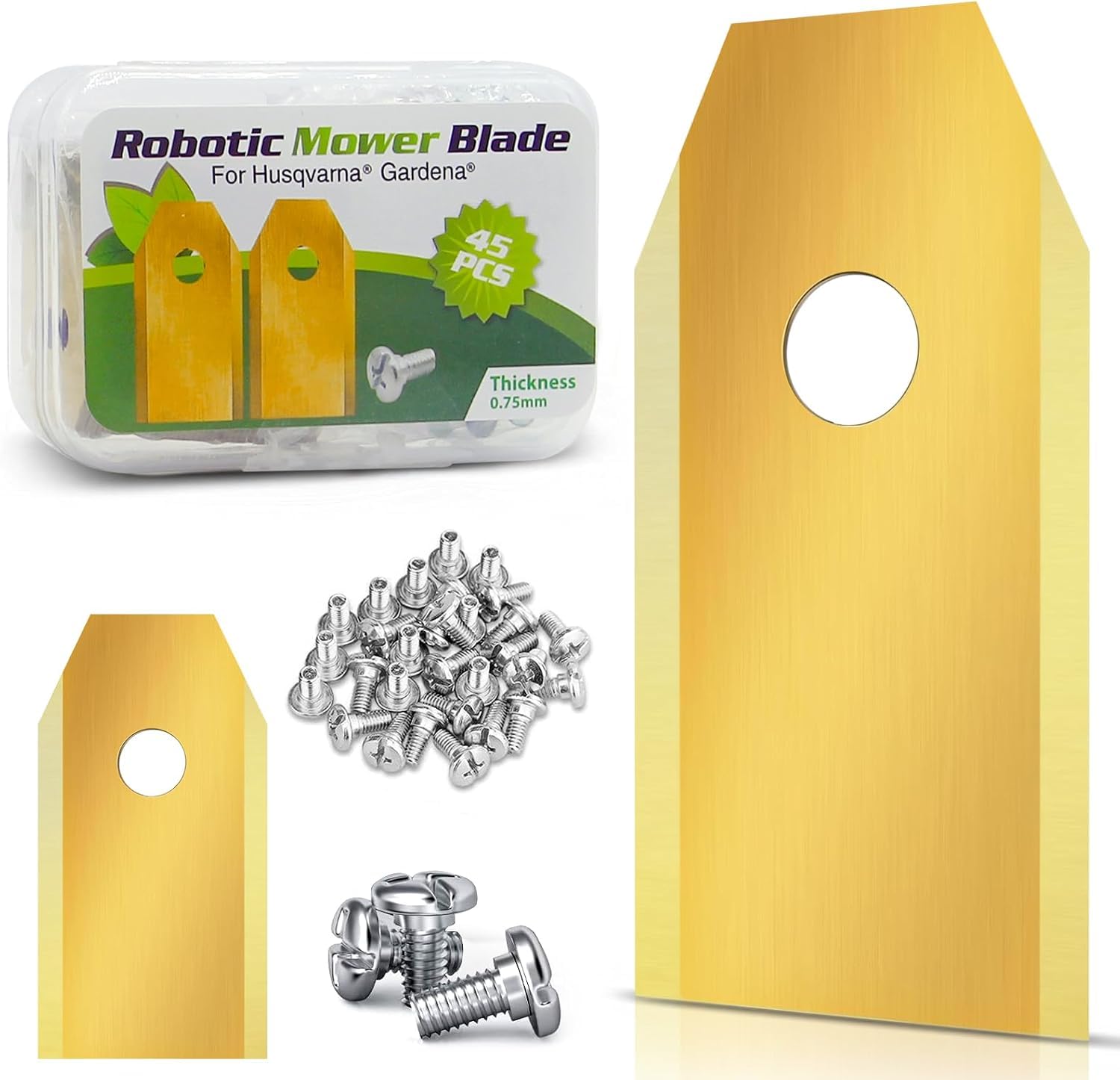 45 x Titanium Replacement Blades for Robotic Lawnmower, Blades Compatible with Husqvarna, Gardena, Yard Force, Lawn Mower Blades (3 g - 0.75 mm) + 45 Screws