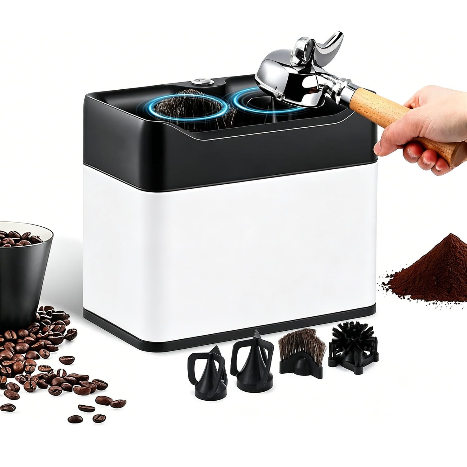 Automatic Portafilter Cleaning Machine with 2 Scrapers for 58mm Use White