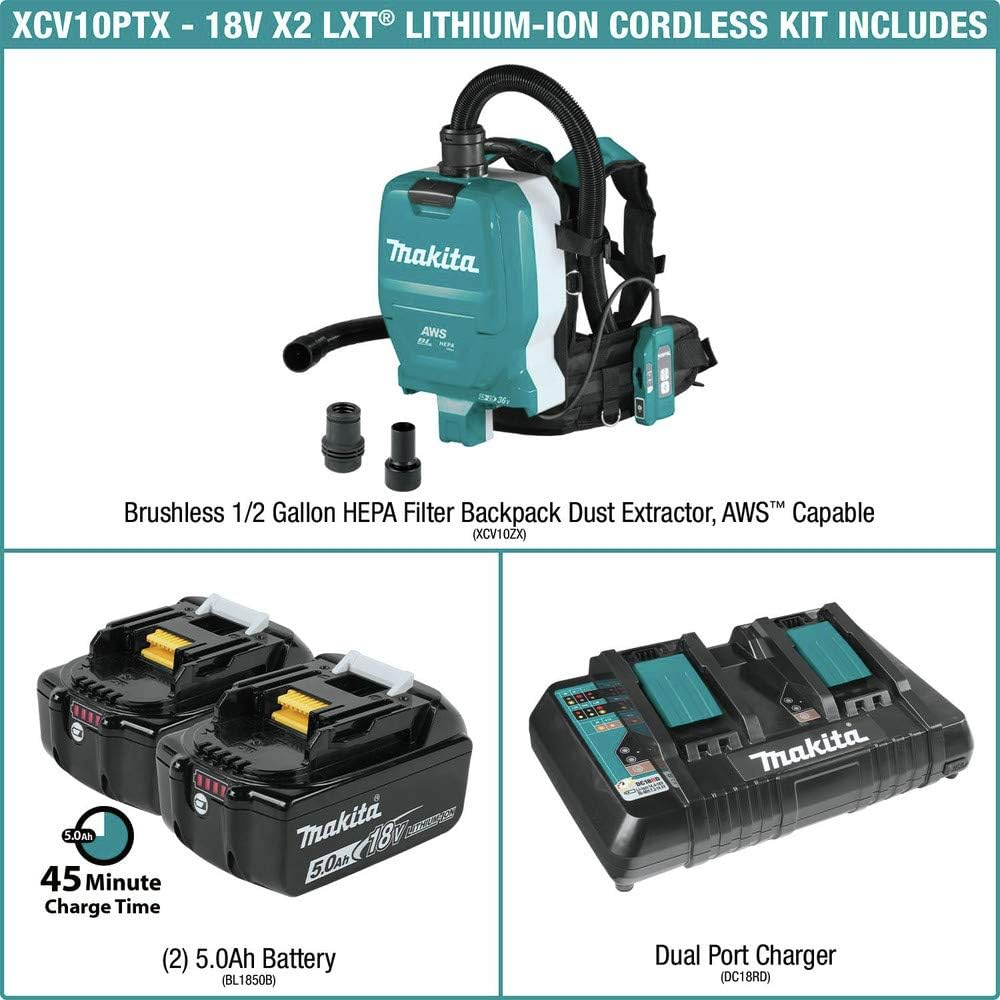 Makita XCV10PTX 18V X2 LXT® Lithium-Ion (36V) Brushless Cordless 1/2 Gallon HEPA Filter Backpack Dry Dust Extractor Kit, AWS™ Capable (5.0Ah)