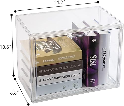 Miniatura 3 de BOHOIDEE Paquete de 2 organizadores transparentes de almacenamiento de libros para estantería, vitrina apilable de plástico con puerta magnética,