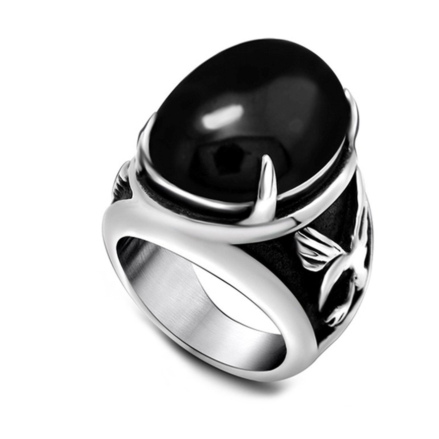 Tercel Eagle Pattern Black Agate Titanium Steel Men Jewelry Statement Big Ring Couple Rings Vintage Jewellery