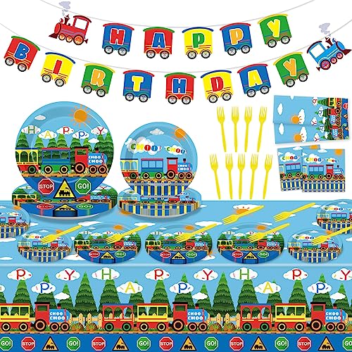 Image of 113 PCS Train Party Supplies Train Tablecloth Paper Plates Napkins Forks Happy Birthday Banner for Train Party Decoration Serve 24 Guests