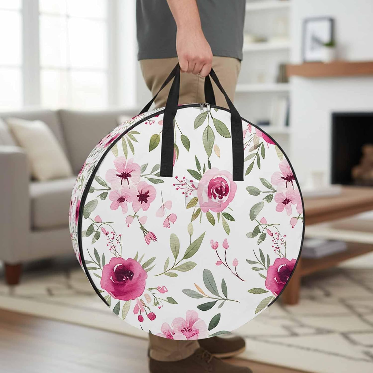 Storage Bag Pink Flowers Round Storage Totes Bins Closet Organizers with Zippers & Handle Floral Leaves Plant Clothes Storage Container for Bedroom Dorm Space Saving Packing Supplies Moving Bags