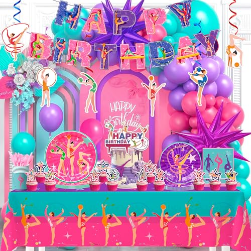 155pc Gymnastics Birthday Party Decorations 10 Guests Gymnastics Party Tableware Set Gymnastics Plates and Napkins Cups Tablecloth Balloons Banner etc Gymnastics Birthday Party Supplies