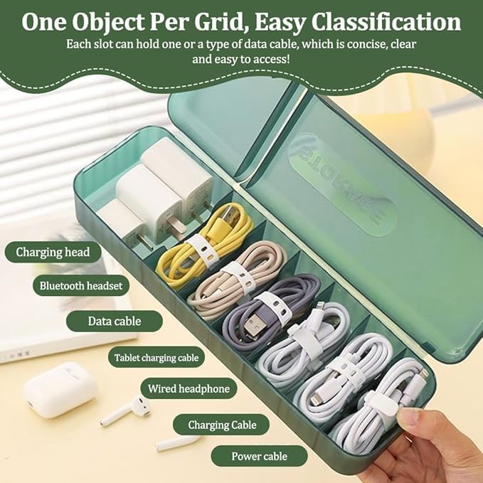 Image of STARLIX Charging Cord Organizer & Cable Management Box - 7 Compartments for USB Cords, Mobile Chargers, Paper Clips, Cards, Desk Electronics, Accessories, Durable, Space-Saving