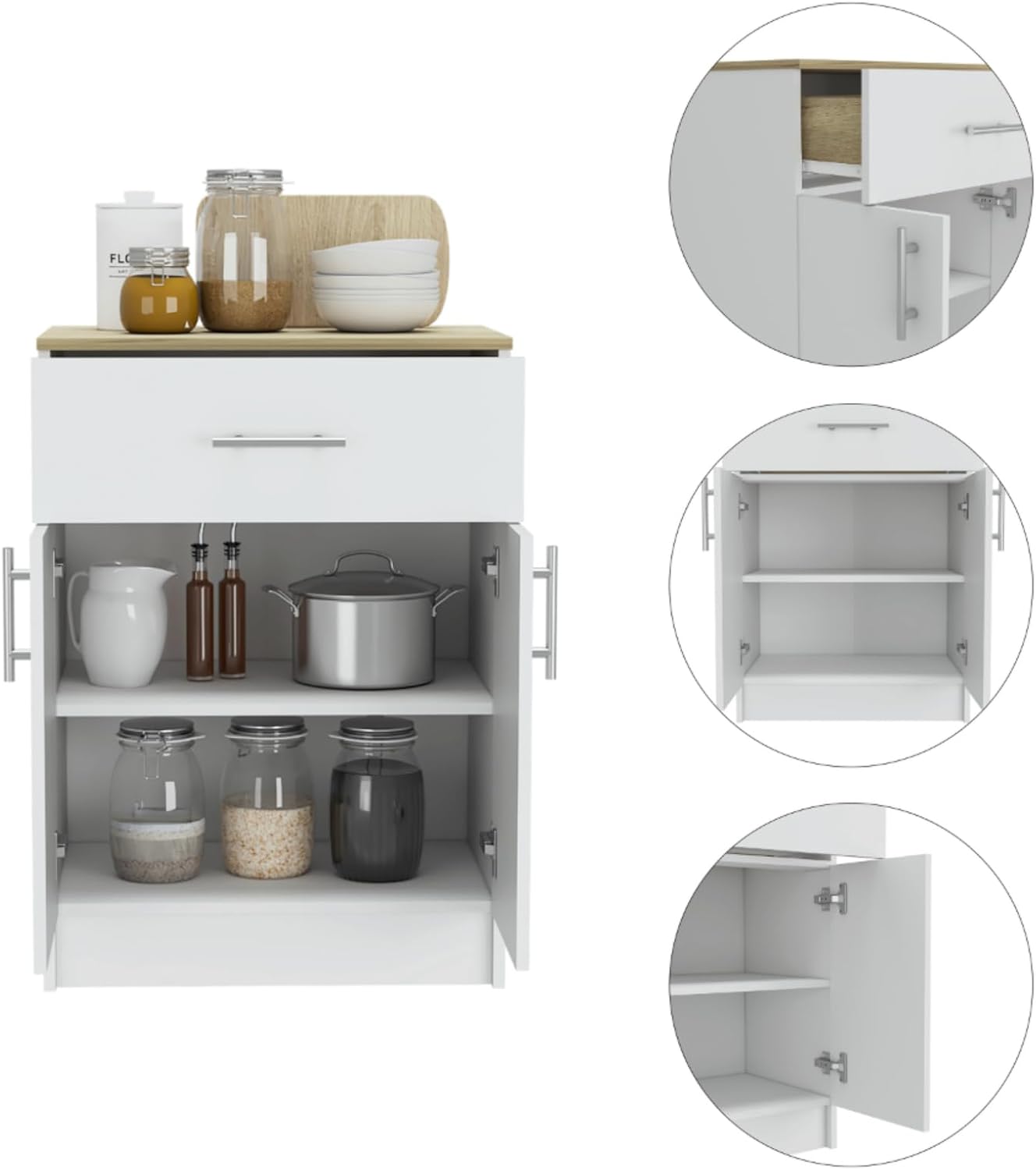Pantry Organizer Cabinet 33" H, One Drawer, Two Interior Shelves, Two Doors, White/Light Oak