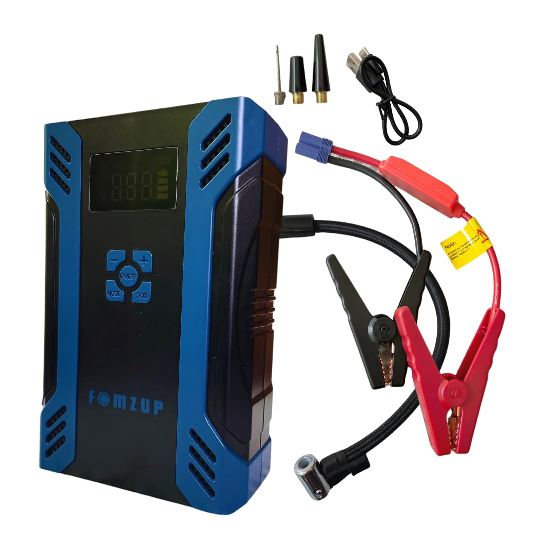 Fomzup Portable Jump Starter with Air Compressor, 2000 Amps Battery Booster - (12 V 6.0 L Gas/3.0 Diesel Engines) with Cordless Tire Inflator, Power Bank, Emergency Light and Compass (5 in 1)