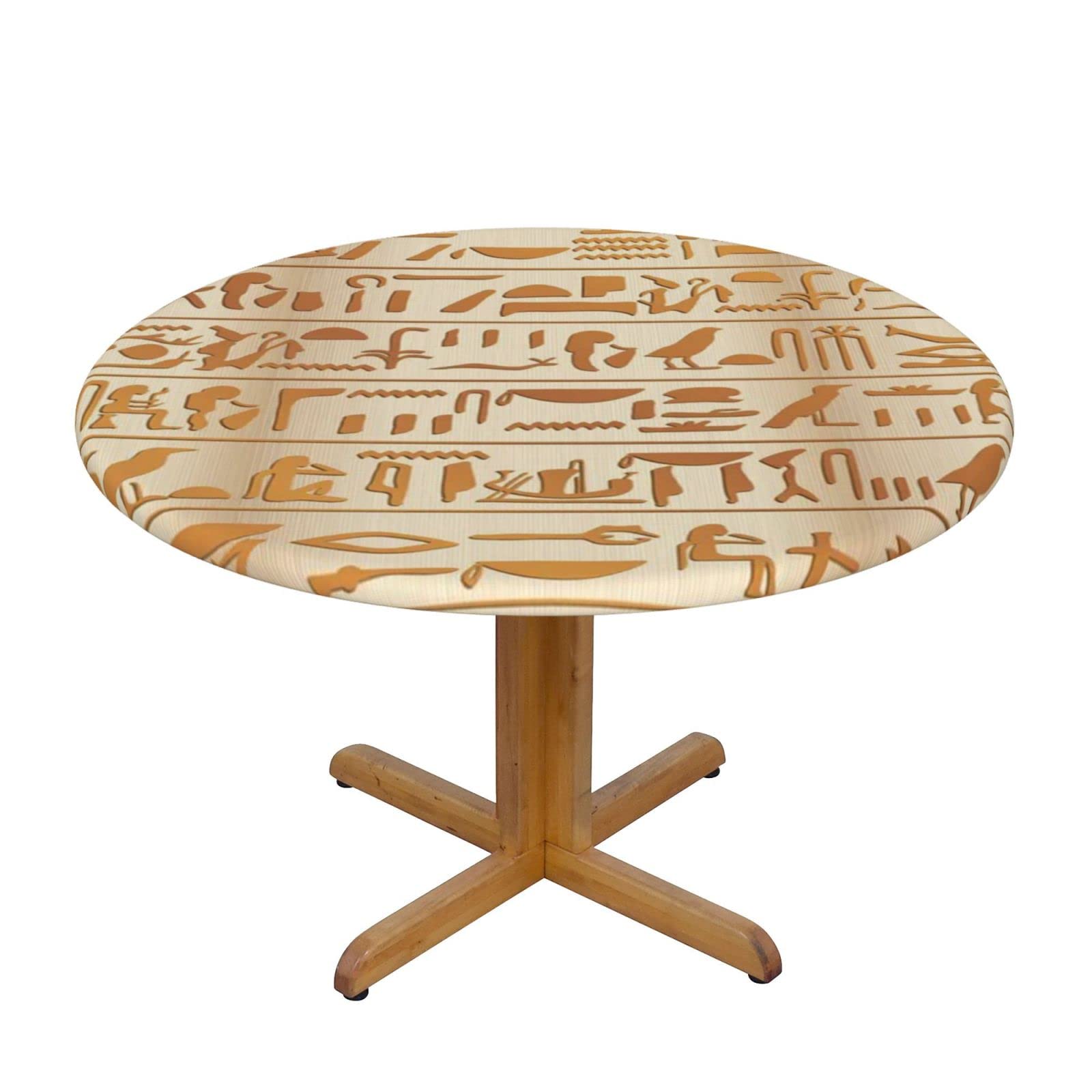 Lsjuee Round Fitted Tablecloth 45-50in Elastic Edged Table Cloth for Kitchen Dining Party Home Decor - Golden Ancient Egypt Hieroglyphs