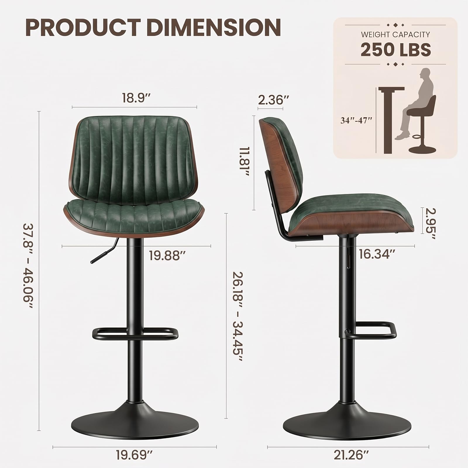 Condition photo showing New/Like New for malol bar stools set of 2, adjustable counter height bar chairs 26"-34.5" with swivel & footrest, modern faux leather barstools for kitchen island, dining room,pub,green