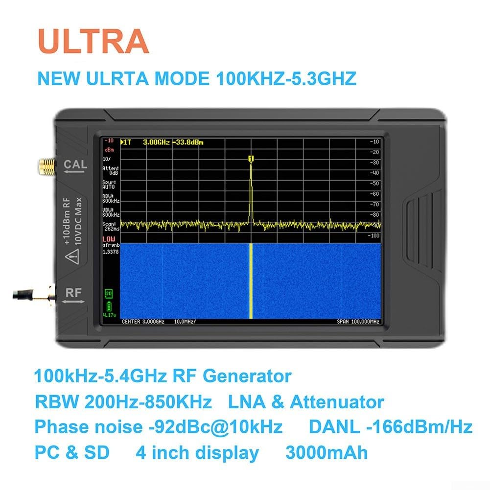 Analizador de Espectro Ultra Tiny-SA, Pantalla táctil de 4" Analizador de frecuencia pequeño portátil de 100 kHz a 5,3 GHz con Tarjeta de 32 GB Generador de señal 2 en 1