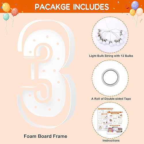 Miniatura 2 de RUBFAC Números iluminados de marquesina de 3 pies, marco de globo de mosaico número 3, tablero de espuma precortado para decoraciones de cumpleaños,