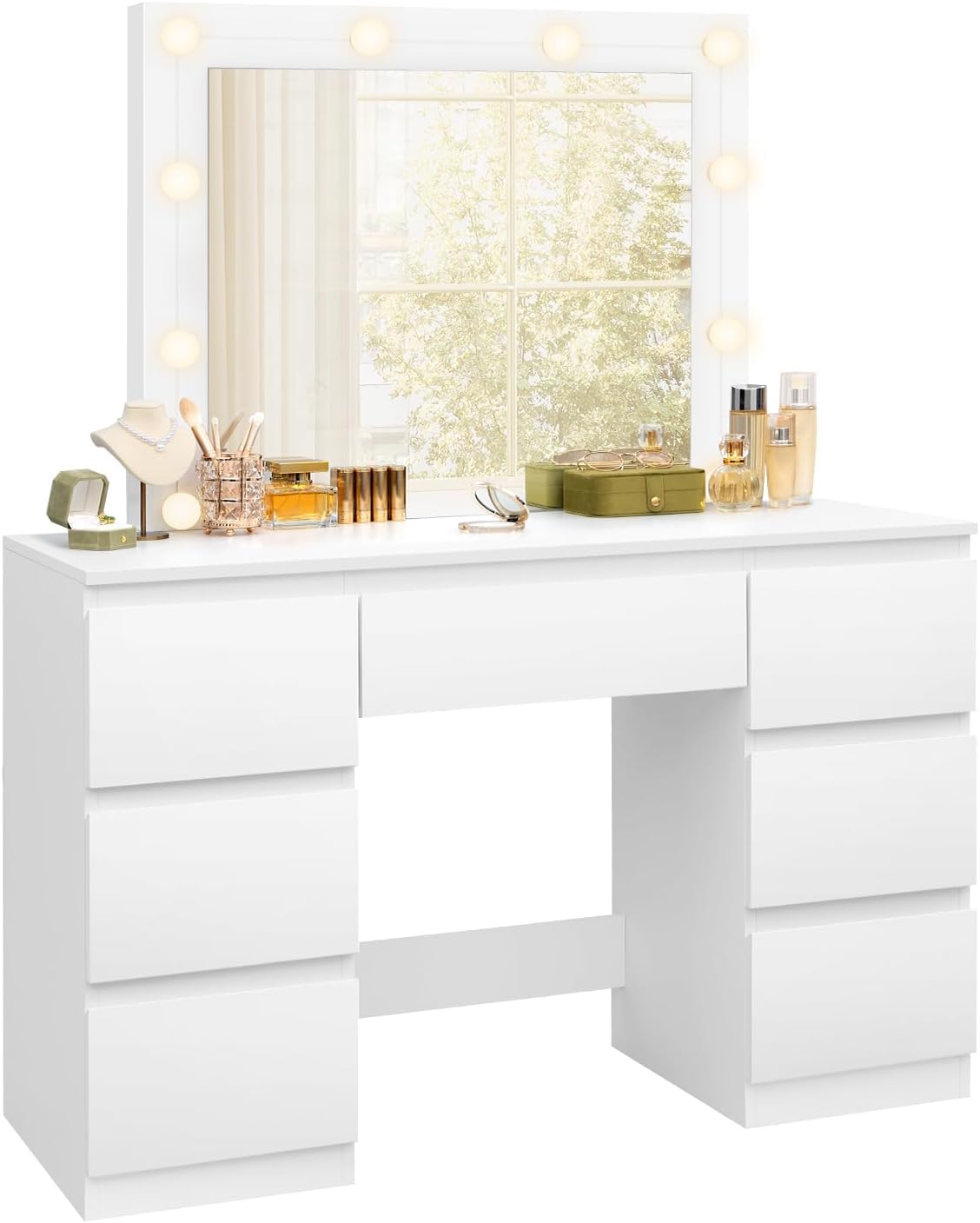 WOLTU Coiffeuse avec Miroir LED à Luminosité Réglable, Table de Maquillage avec 7 Tiroirs, 107x39,5x140,5cm, Blanc, MB6099ws