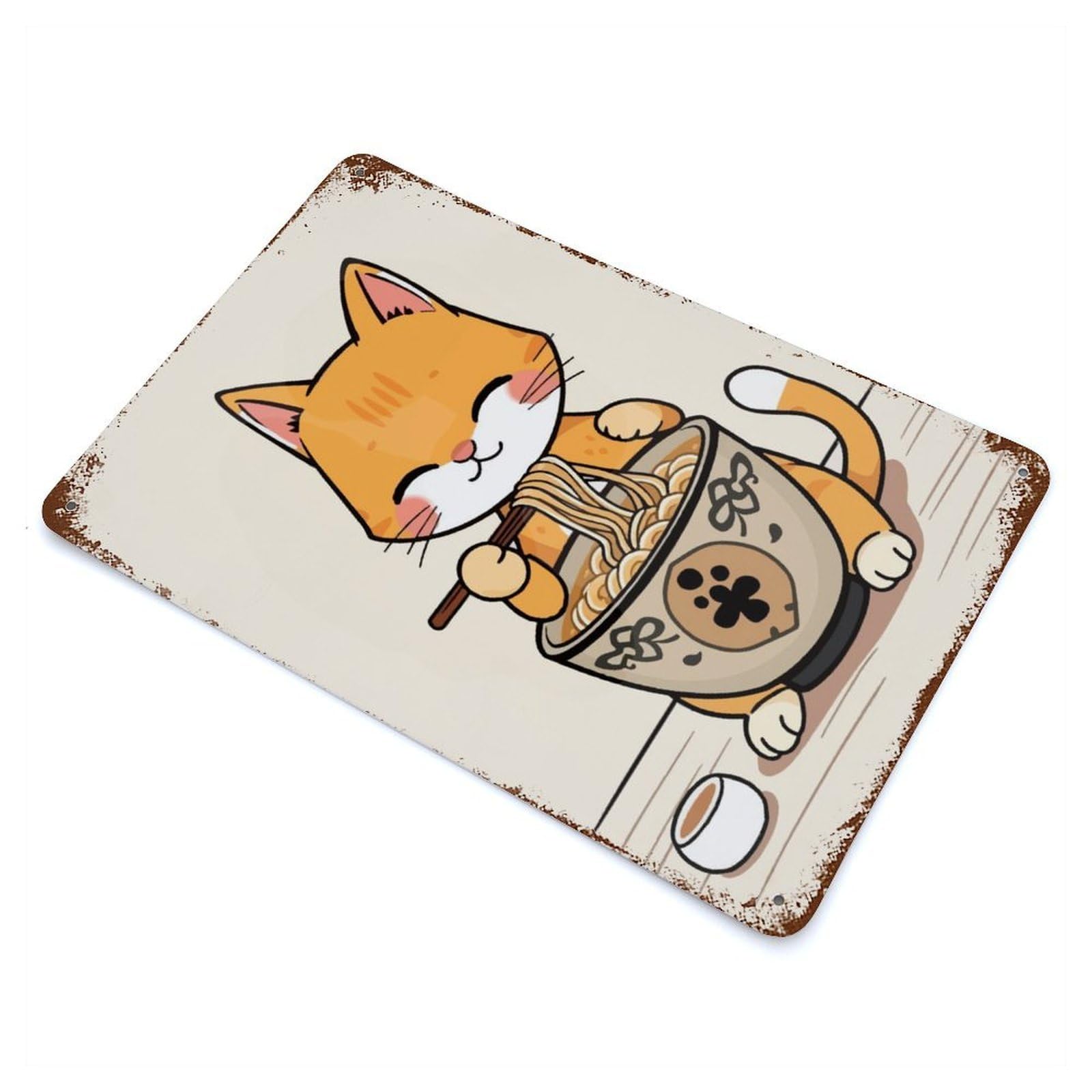 Vintage Rust Metal Sign with Cute Cat Eating Ramen Design 11.8"x7.9", for Garage, Bar And Workshop Decor, Retro Wall Decor
