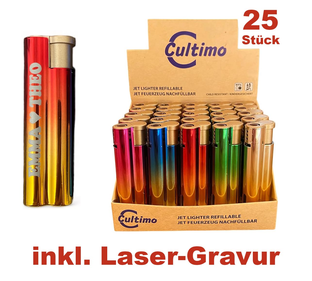 Clearfee Jet Flamme Sturmfeuerzeug | Windfest, Witterungsfest | Nachfüllbar | Elegant Gold Metallic Farben | Elektronik Jet Turbo Flamme Feuerzeug (mit Personalisierung, 25)