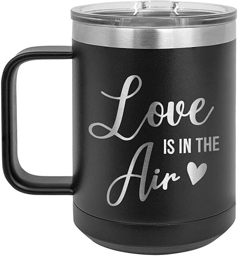 Miniatura 1 de ONLYGIFTS.COM - Taza de café con tapa deslizante (13.0 fl oz), diseño con texto "Love is in the air", Negro