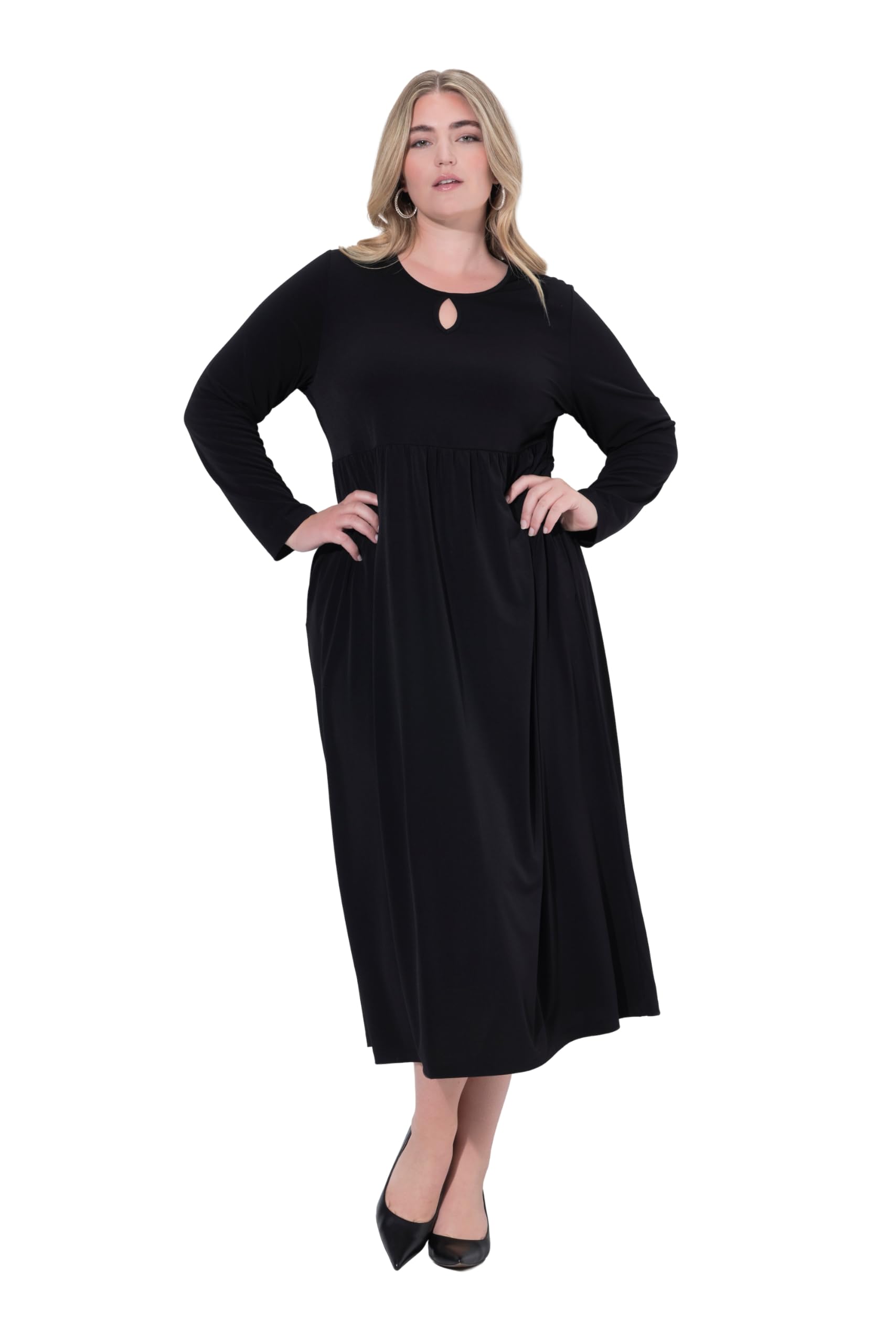 Ulla Popken Damen große Größen Übergrößen Plus Size Maxikleid, A-Linie, Rundhals, Langarm, Taschen 844629