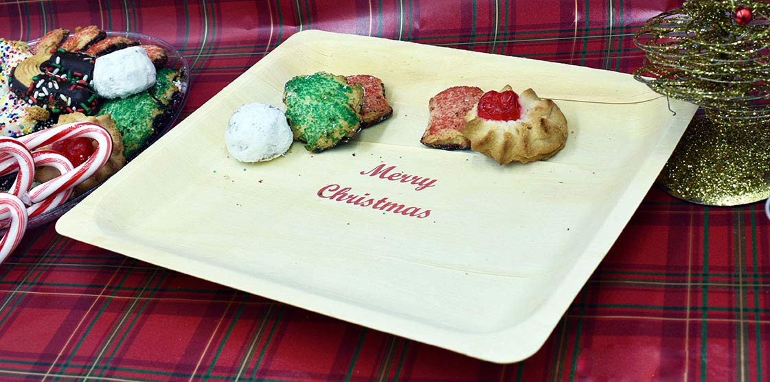 Plato de madera desechable de 25,4 cm con impresión de Merry Christmas – paquete de 25 unidades