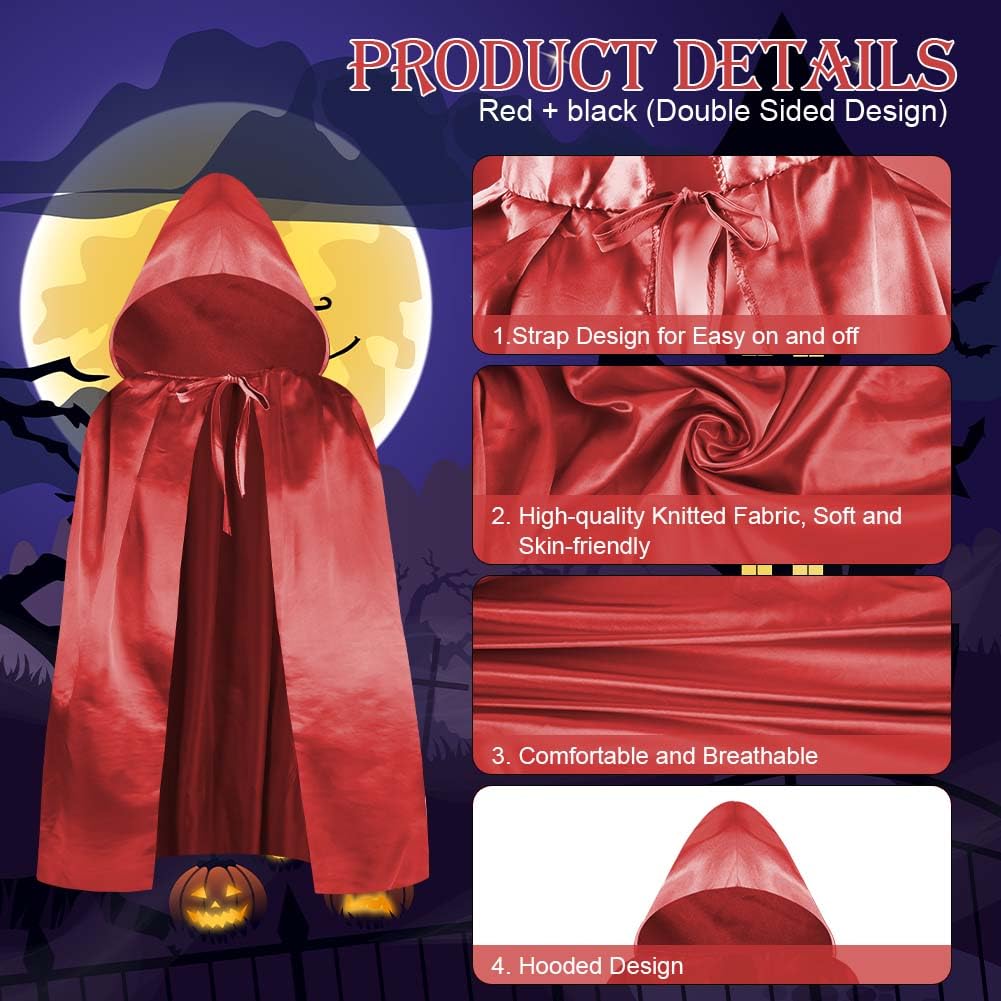 Aomig Red Kids Hooded Cloak, Unisex Cape for Witch Vampire Cosplay, Halloween Fancy Dress (60cm/23.5 inch) - Image 2