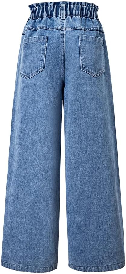 Nivne Tco Girls Wide Leg Jeans, Elastic Waist Baggy Denim Pants with Four Pockets, Trendy Loose Fit Trousers for Girls