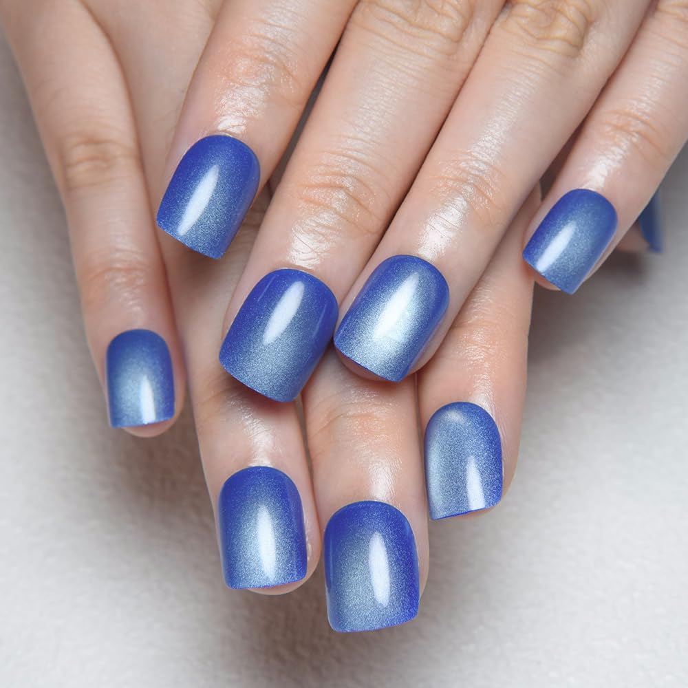 evpct Blue Cat Eye Extra Short Press on Nails Square, Petite Short Square Stick on Nails for Women Gift, Light Sky Blue Metallic Glitter Glossy