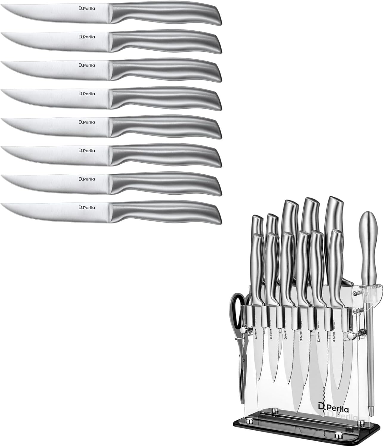 D.Perlla Super Sharp Straight Edge Steak Knife Set of 8, Professional Straight Edge Kitchen Table Dinner Knives and 14 Pieces Kitchen Knife Set with Clear Acrylic Knife Holder