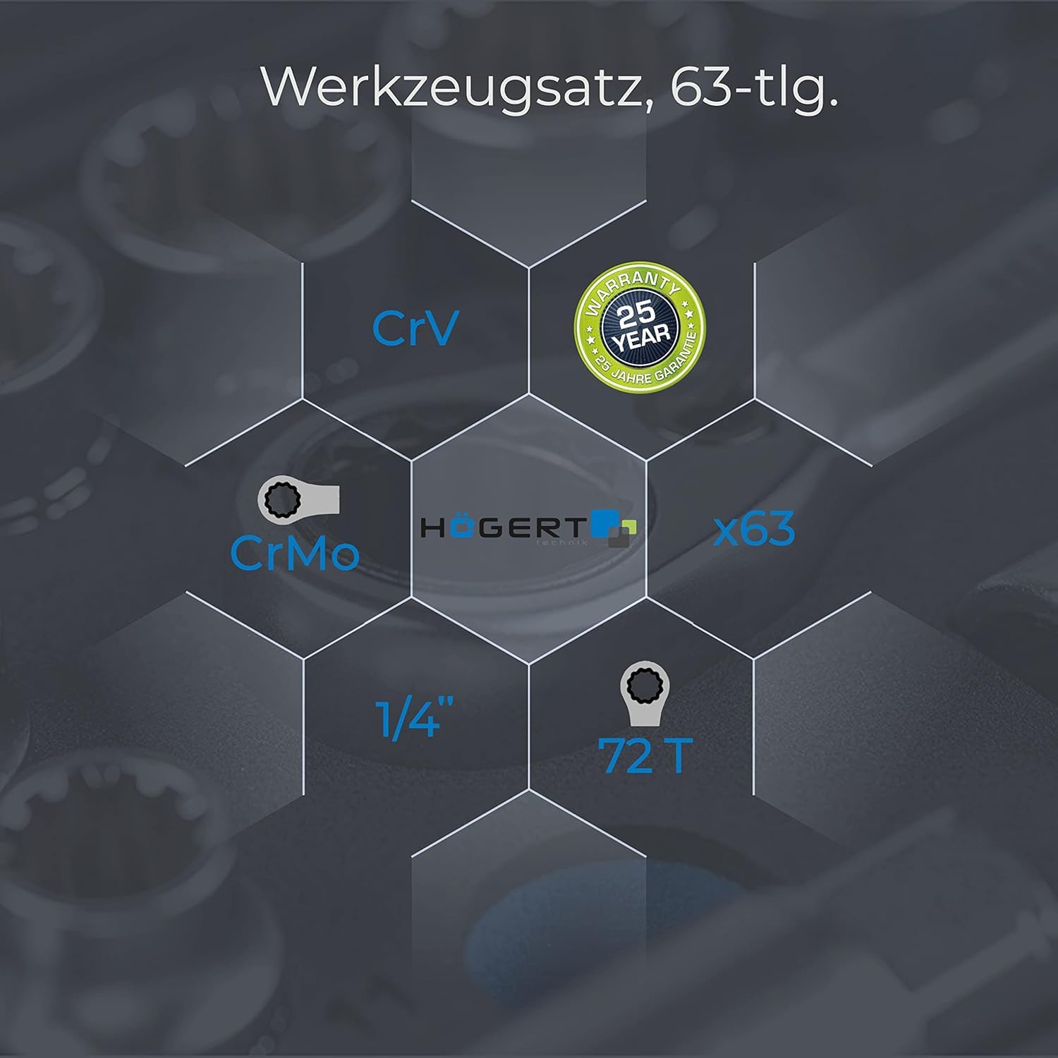 Högert Technik - Werkzeugset 63-tlg Werkzeugkoffer Steckschlüssel, Bits und Ausstattung 1/4” Cr-V Gesenkgeschmiedet I Ratschenmechanik mit 72 Sperrklinken Set für Heimwerker Garage, Haushalt