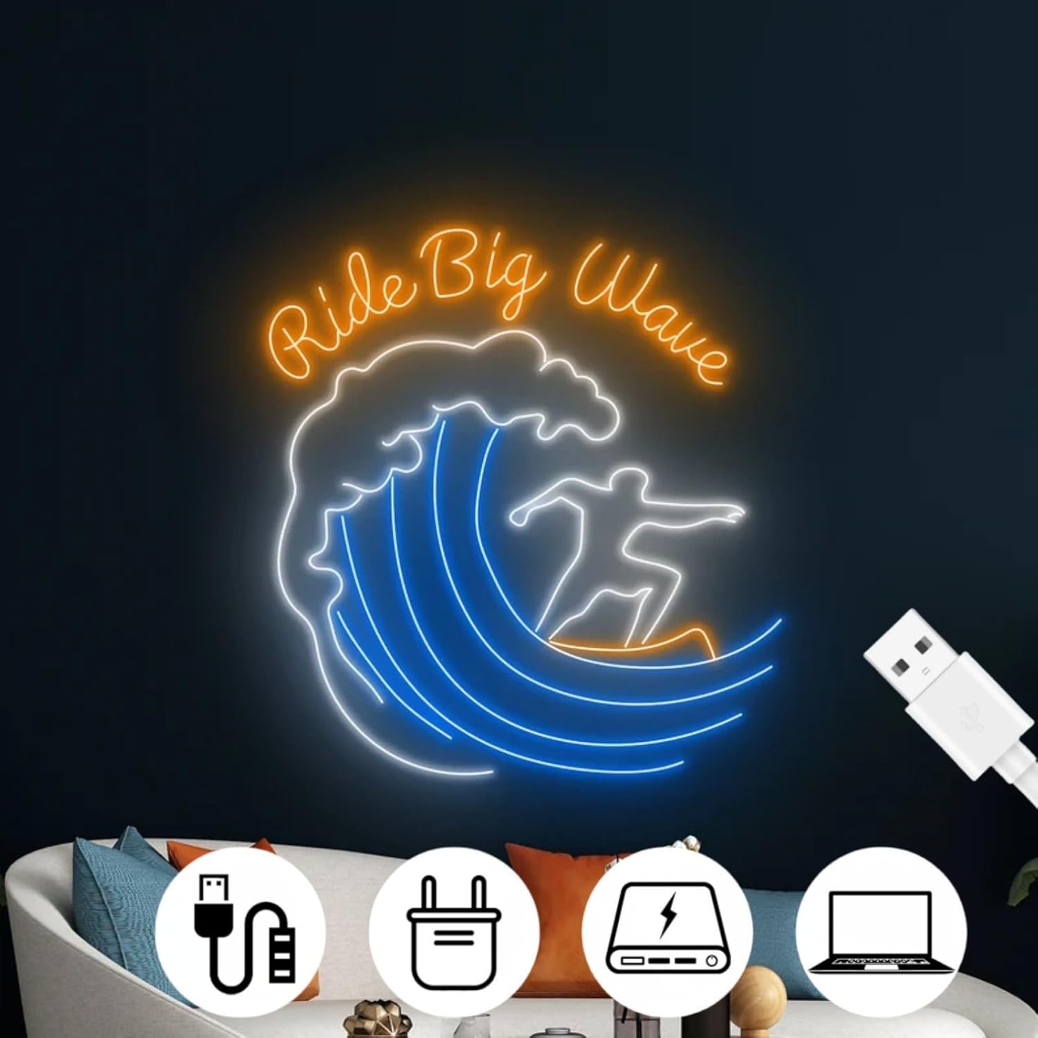 Rides Big Wave Neon Sign, Surfing Waves Neon Sign, Beach Holiday Led Sign, Tropical Island Led Light, Pool Party Room Wall Decor for Hawaii Shop Neon Light for Bar Bedroom Cafe Tiki Bar Party