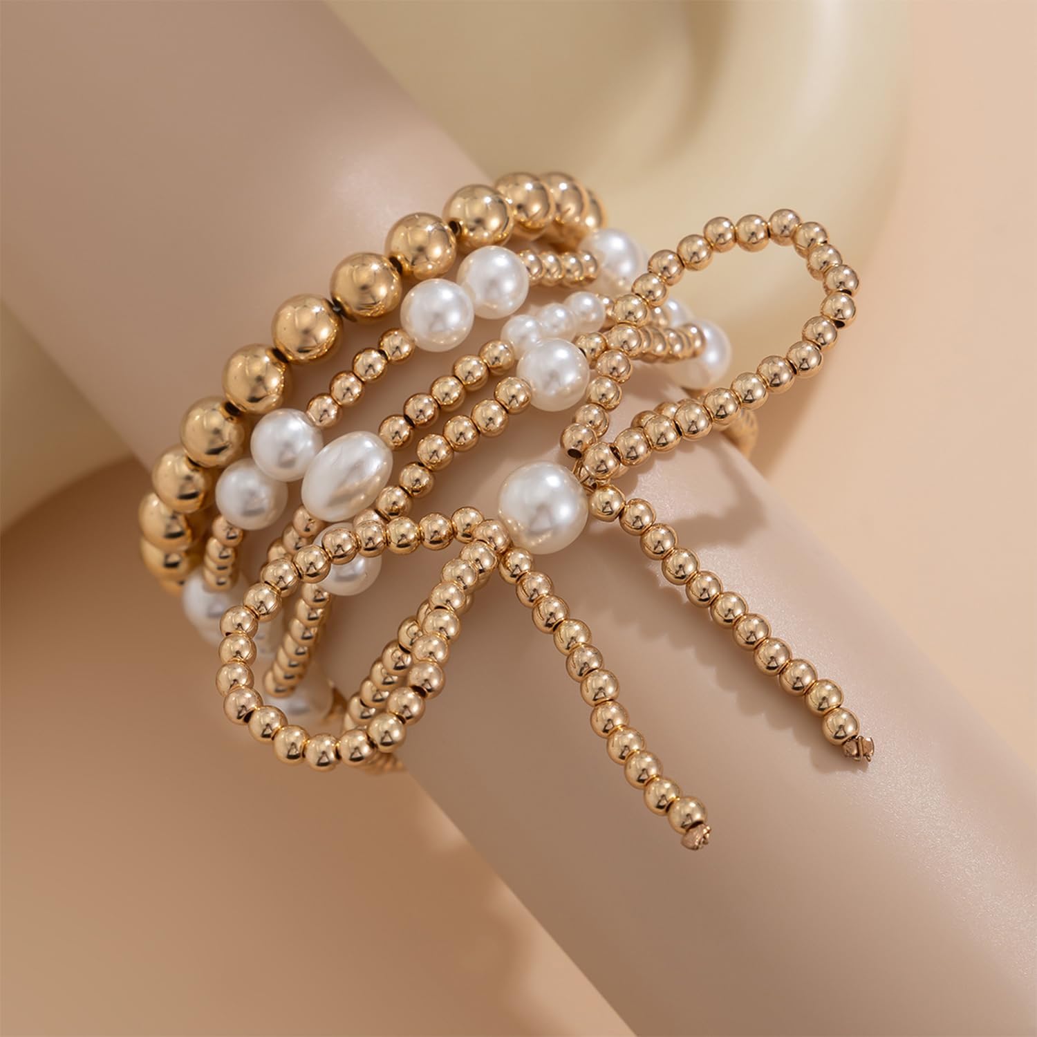 Gold Bow Bracelet for Women Gold Beaded Bracelets Stackable Stretch Bead Ball Bracelets Pearl Bracelets Adjustable Gold Jewelry for Women - Image 4