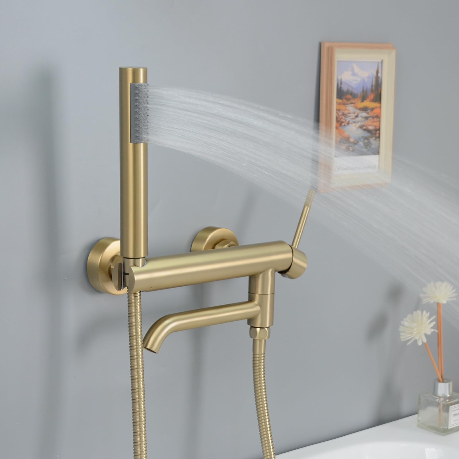 PHASAT Grifo de bañera con ducha de mano, Mezclador monomando de pared, caño giratorio 90°, Oro cepillado