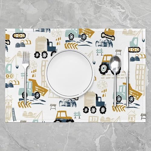 Excavator Placemats Set Of 4, Construction Vehicles Table Place Mats,Equipment Trucks Placemat For Kitchen Dining Table Decor Indoor Outdoor Cartoon Car 18"X12" #TOP1