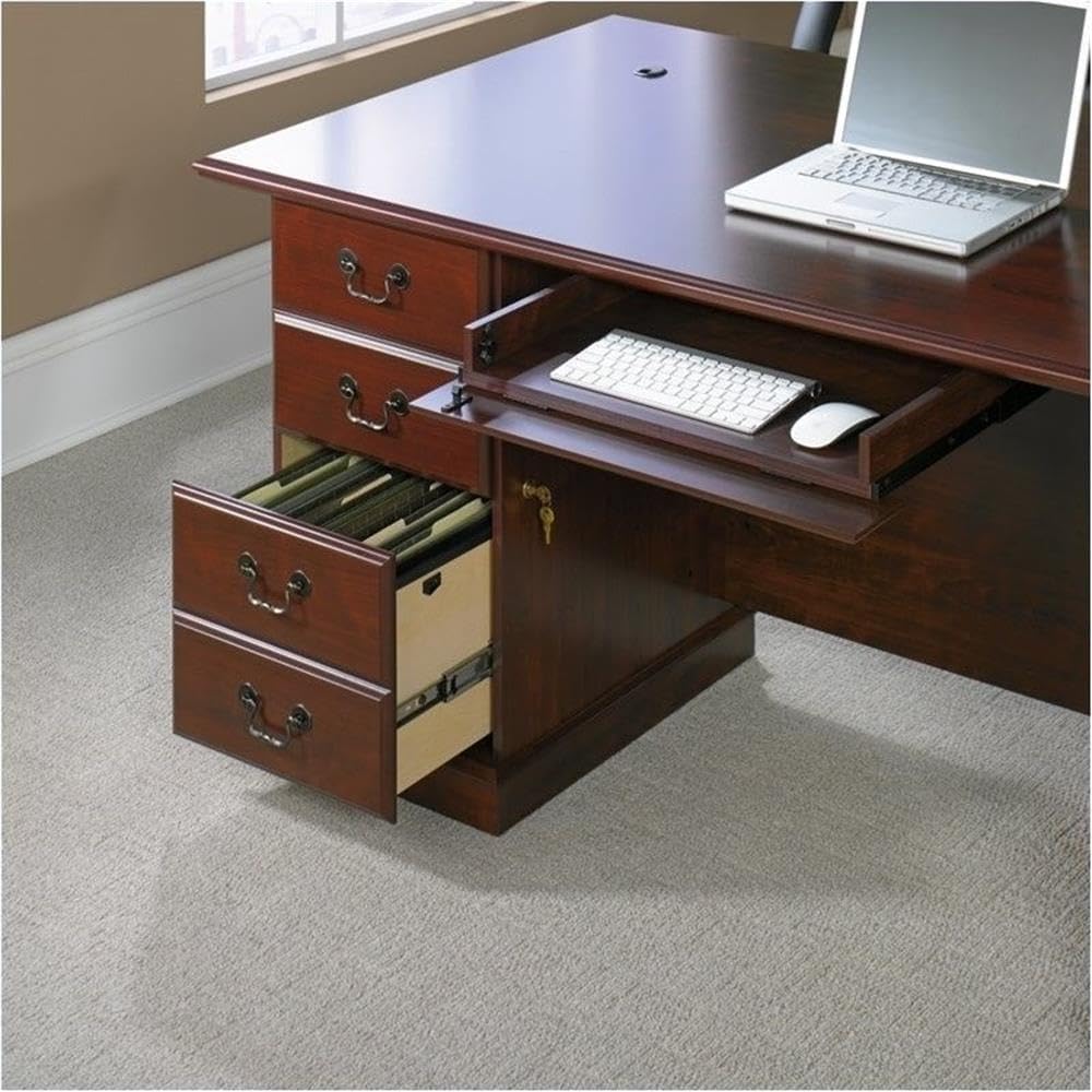 Pemberly Row Transitional Wood Large Executive Desk, Classic Cherry Finish, 70.5 in x 35.5 in x 29.75 in, MDF Construction, Antique Brass Accents, Home Office Desk with Storage, Lockable File Drawers