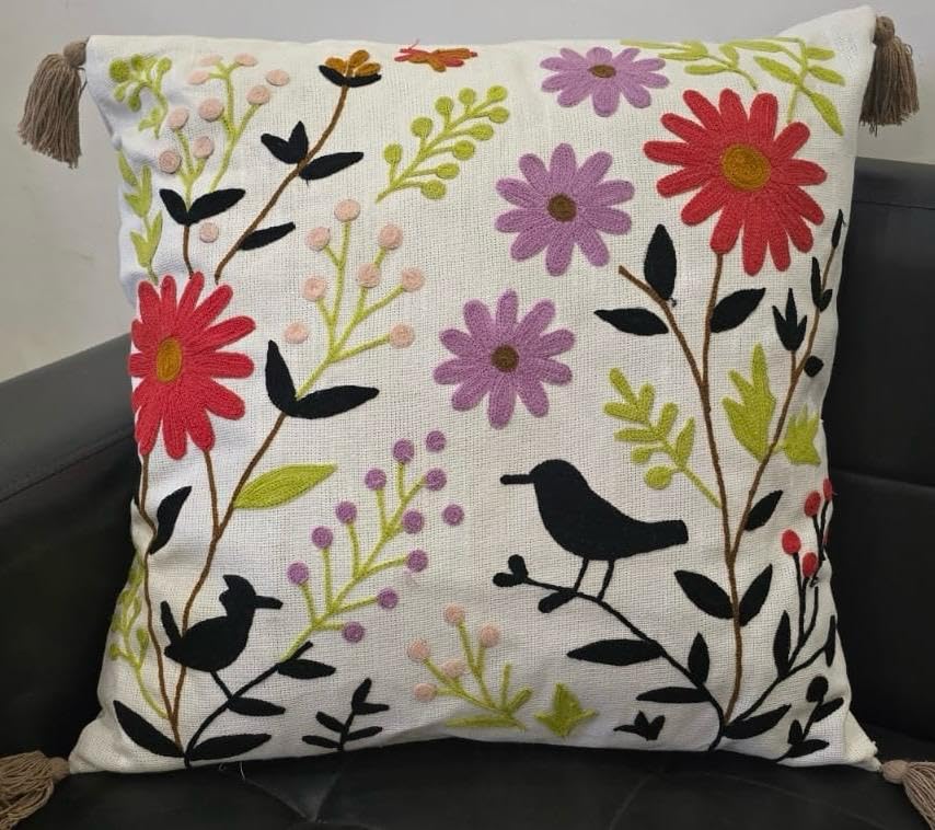 Image of Furnistitchs Handmade Cotton Bohemian Home Decor Cushion Cover 24x24 inches / 60x60 cms - Boho Chic Couch Sofa Throw Living Room Bedroom Cushions (2, Floral Birds)