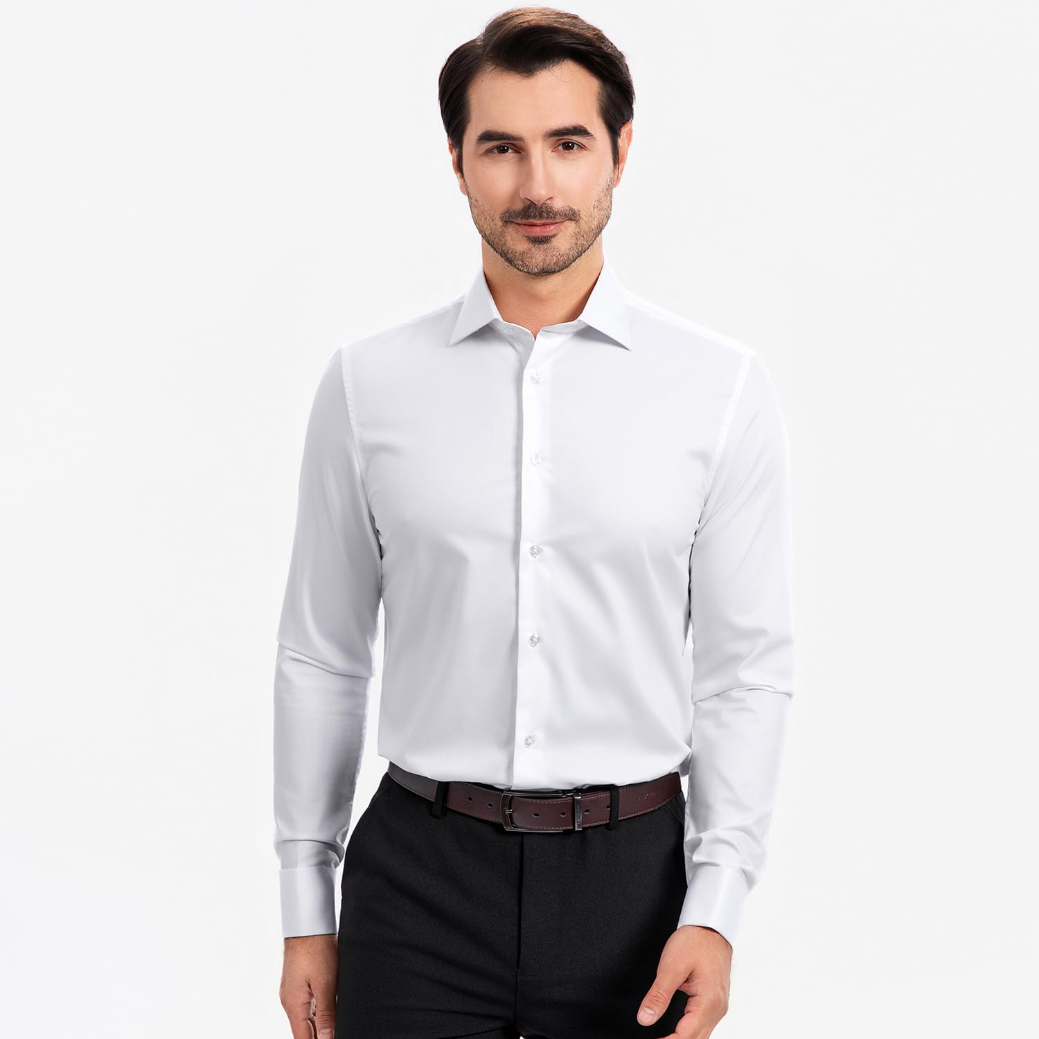 Camicia da uomo elasticizzata, colletto Windsor, polsini francesi, camicia formale a maniche lunghe con colletto rimovibile, tinta unita
