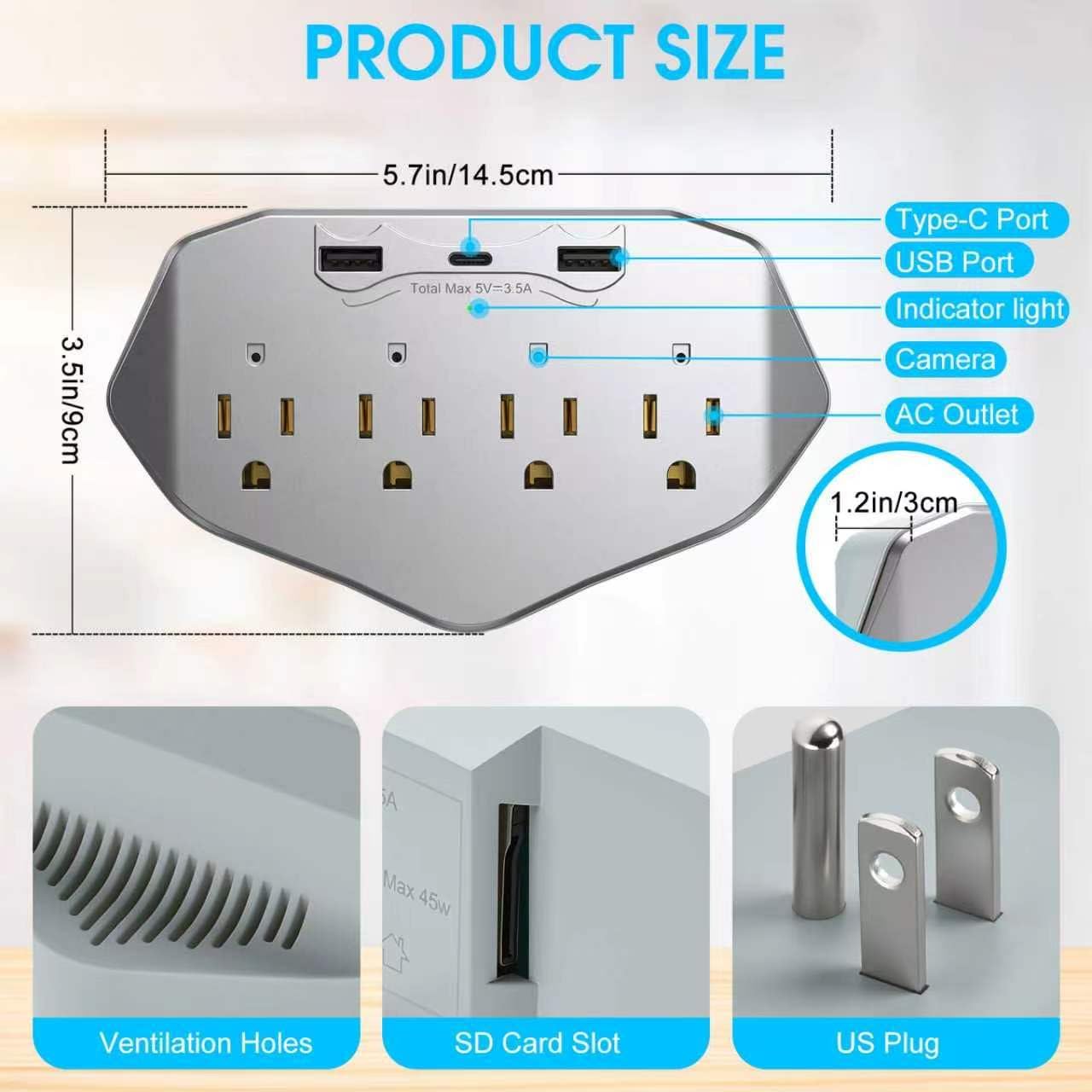 1080P WiFi Wall Outlet Camera, Indoor Surveillance Cam with Multi-Port Charger, 4 AC Outlets, USB & Type-C Ports, Motion Detection, Loop Recording, Remote View