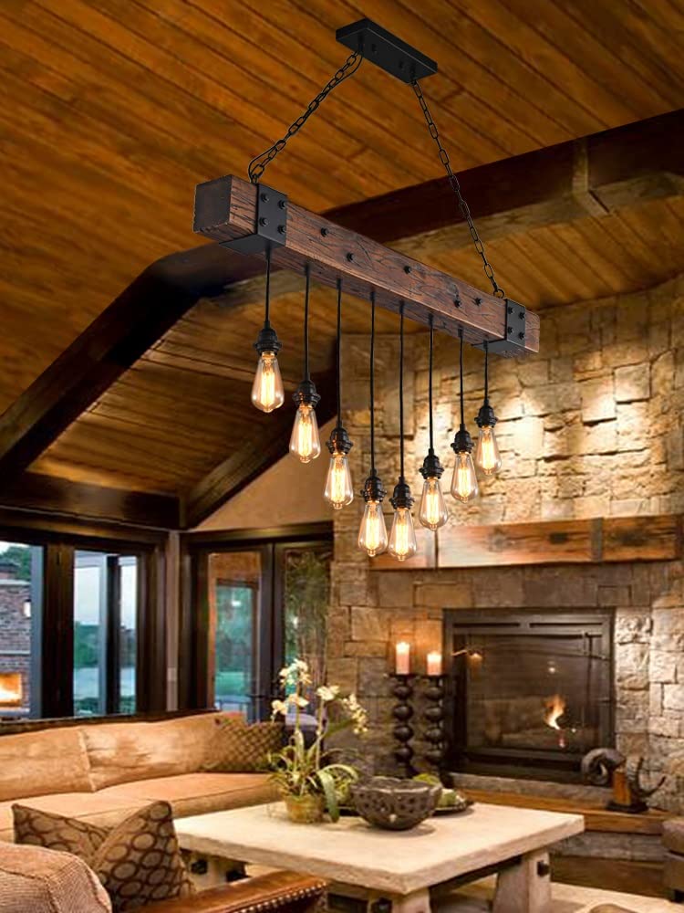 E27 Hängeleuchte Retro Pendelleuchte Esstisch Industrial Hängelampe Aus Holz 8-Flammige Hängeleuchte Retro Esszimmerlampe Holzbalken Vintage Pendellampe Für Wohnzimmer Küche Bar Restaurant