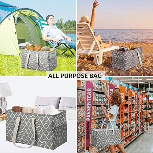 Llarug Canvas Collapsible Utility Tote Bag,Oversized Beach Bag,Reusable Grocery Shopping Bag,Large Laundry Carry Bag,Laundry Basket(Grey Lattice) #TOP4