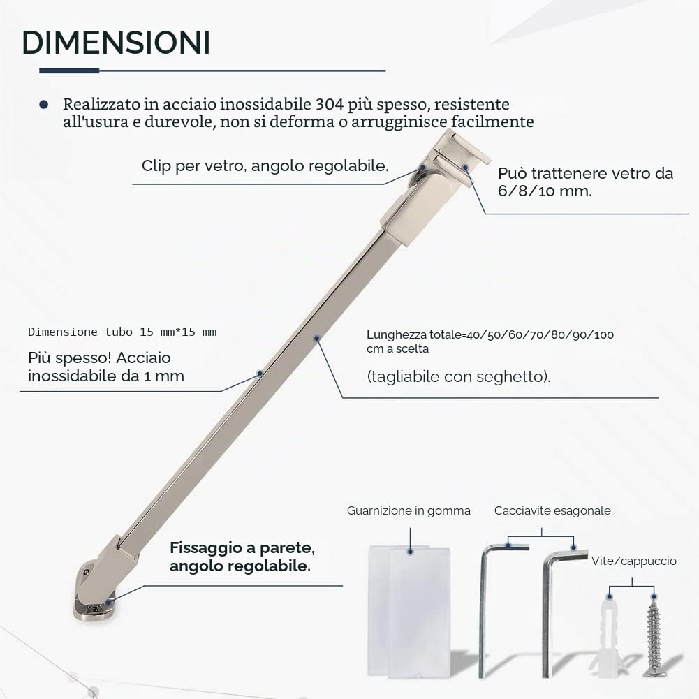 80 cm stainless steel Frameless Shower Door Fixed panel wall-to-glass Support bar for 6mm 8mm 10mm spessore vetro da m-home