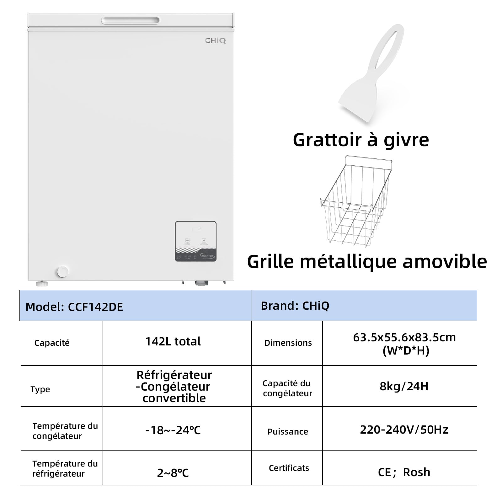 Congélateur coffre CHiQ 142L, 63,5 x 55,6 x 83,5cm, Congélateur Inverter, Affichage de la température extérieure, Mode de congélation rapide -32℃, Grille métallique,Faible bruit - 2