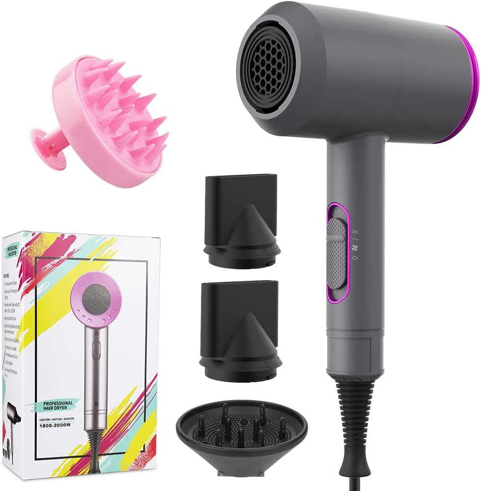 Oxsaytee 2000W Supersonic Hair Dryer, Professional Salon Hair Blow Dryer, 3 Heating/2 Speed/Cold Settings Blow Dryer with 2 Nozzles, 1 Diffuser and 1 Hair Scalp Massage Brush For Home Salon Travel